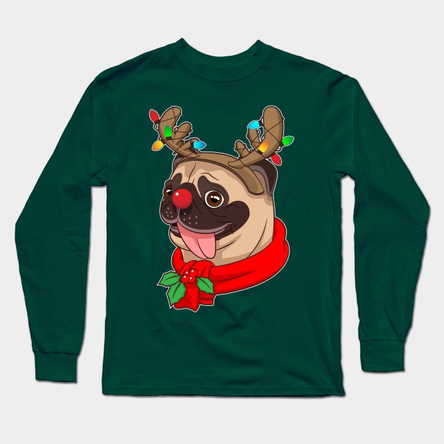 Funny Cute Pug Cool Costumes Christmas Gift Reindeer Long Sleeve T-Shirt by teeleoshirts